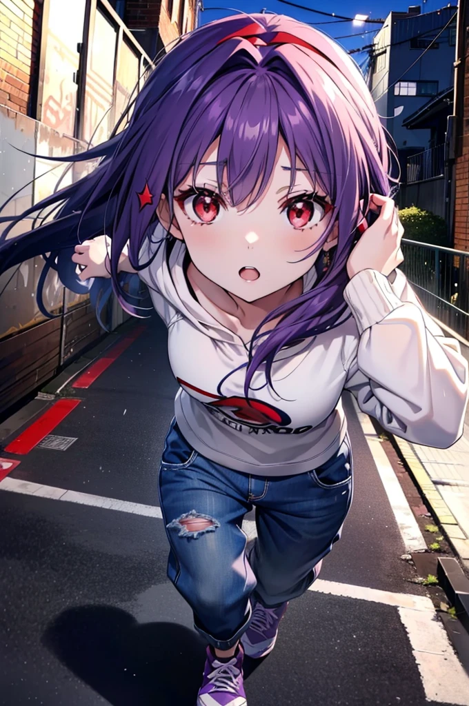 yuukikonno, Konno Yuuki,  Long Hair, Pointed Ears, Purple Hair, (Red eyes:1.5), (Small breasts:1.2), Open your mouth,Baseball hats,Oversized purple hoodie,jeans,Thick hem,sneakers,Walking,Graffiti wall,Daytime,Clear skies,Both hands are in the pockets of the hoodie、whole bodyがイラストに入るように,
break looking at viewer, whole body,
break outdoors, Alley,
break (masterpiece:1.2), Highest quality, High resolution, unity 8k wallpaper, (figure:0.8), (Beautiful attention to detail:1.6), Highly detailed face, Perfect lighting, Highly detailed CG, (Perfect hands, Perfect Anatomy),