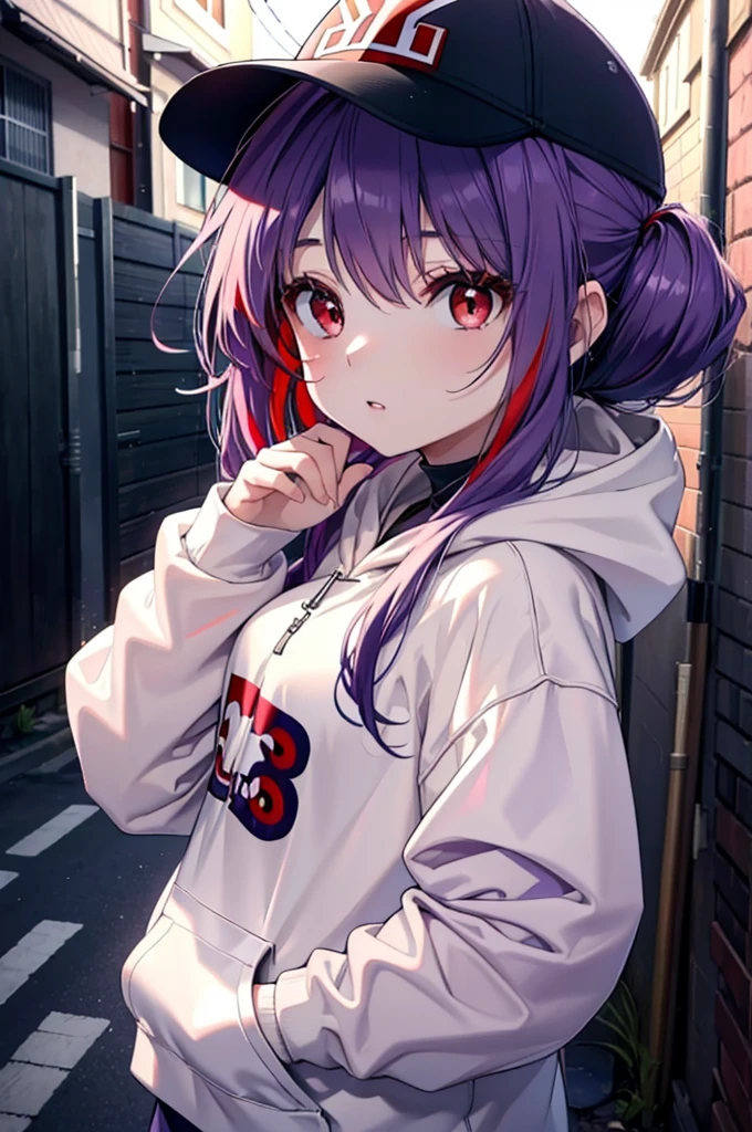 yuukikonno, Konno Yuuki,  Long Hair, Pointed Ears, Purple Hair, (Red eyes:1.5), (Small breasts:1.2), Open your mouth,Baseball hats,Oversized purple hoodie,jeans,Thick hem,sneakers,Walking,Graffiti wall,Daytime,Clear skies,Both hands are in the pockets of the hoodie、whole bodyがイラストに入るように,
break looking at viewer, whole body,
break outdoors, Alley,
break (masterpiece:1.2), Highest quality, High resolution, unity 8k wallpaper, (figure:0.8), (Beautiful attention to detail:1.6), Highly detailed face, Perfect lighting, Highly detailed CG, (Perfect hands, Perfect Anatomy),