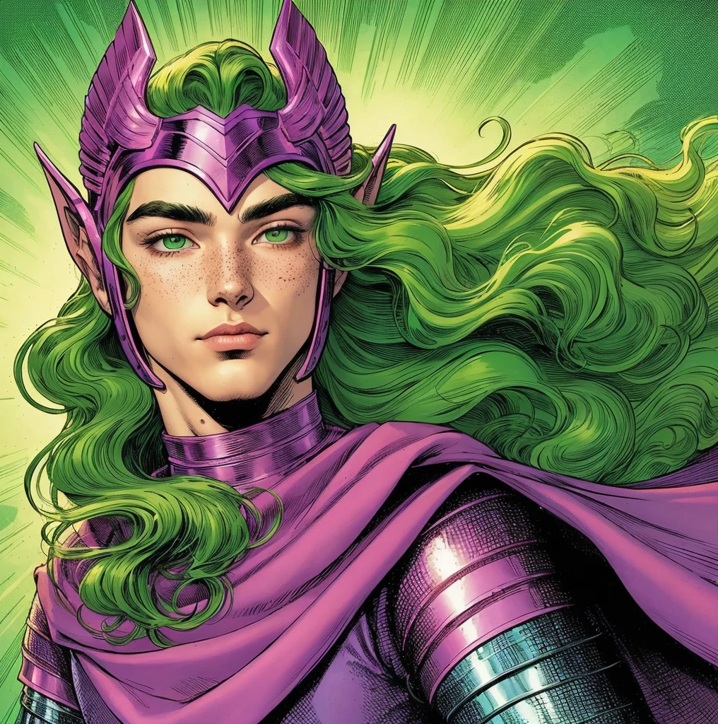 American classic comic book art: wizard young man ethereal young man delicate, long bright green hair with beautiful waves, magenta elf helmet on forehead, purple bright magenta wizard outfit Shun, purple magenta shoulder pads, very young face man, few freckles, light pink tight leggings, polished magenta-purple bracelets, magic lime green and magenta fire rays, bright purple blanket, ethereal man enchanted, classic comics.