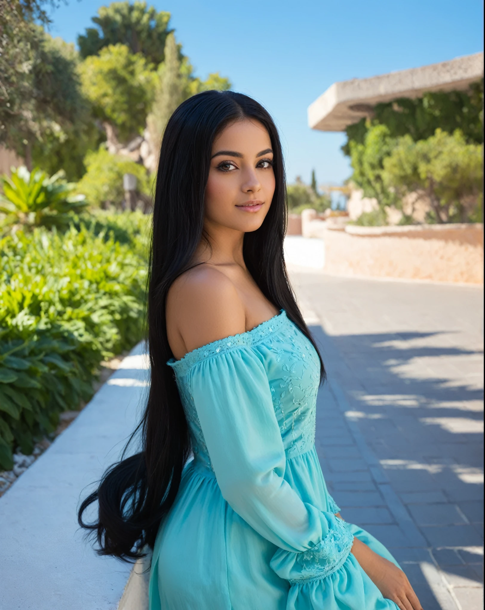 A woman in a blue dress posing for a photo, Beautiful Mexican woman, portrait of Medium pink, Medium pink, portrait Medium pink, Violet Myers, clear portrait of Medium pink, young woman with long dark hair, female with long black hair, Taweel-tanned Ameera, beautiful iranian woman, with long black hair, beautiful pretty young, Alanis Guillén