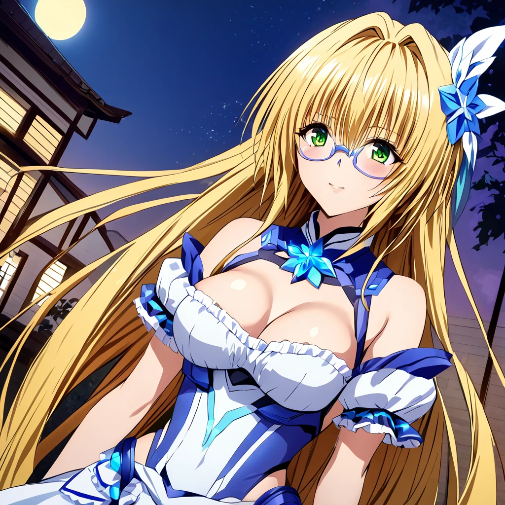 ((Highest quality)), ((masterpiece)), (detailed), （Perfect Face）、The woman is a beautiful, attractive adult female Tiare with green eyes, blonde medium-long hair, a transforming heroine, Extia Spica, posing with the night moon in the background.