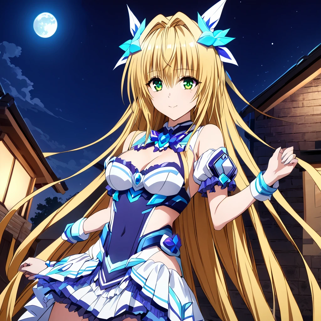 ((Highest quality)), ((masterpiece)), (detailed), （Perfect Face）、The woman is a beautiful, attractive adult female Tiare with green eyes, blonde medium-long hair, a transforming heroine, Extia Spica, posing with the night moon in the background.