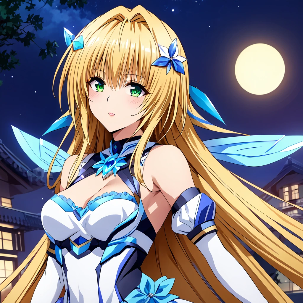 ((Highest quality)), ((masterpiece)), (detailed), （Perfect Face）、The woman is a beautiful, attractive adult female Tiare with green eyes, blonde medium-long hair, a transforming heroine, Extia Spica, posing with the night moon in the background.