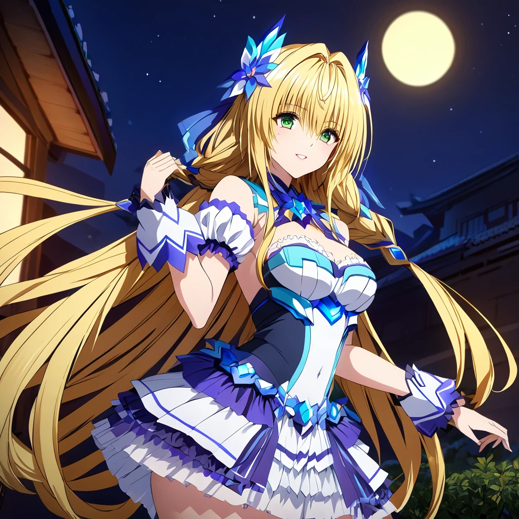 ((Highest quality)), ((masterpiece)), (detailed), （Perfect Face）、The woman is a beautiful, attractive adult female Tiare with green eyes, blonde medium-long hair, a transforming heroine, Extia Spica, posing with the night moon in the background.