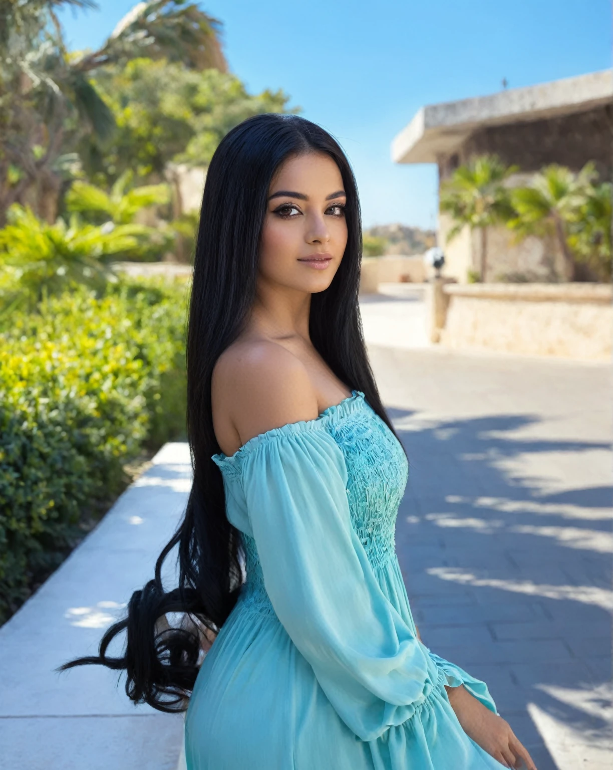 A woman in a blue dress posing for a photo, Beautiful Mexican woman, portrait of Medium pink, Medium pink, portrait Medium pink, Violet Myers, clear portrait of Medium pink, young woman with long dark hair, female with long black hair, Taweel-tanned Ameera, beautiful iranian woman, with long black hair, beautiful pretty young, Alanis Guillén