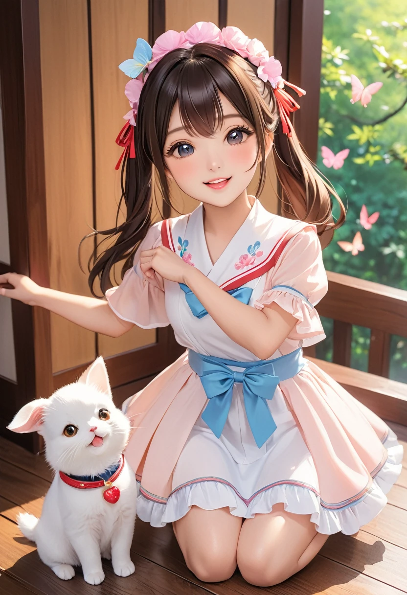 Highest quality、High resolution、Detailed Background、 beauty、Detailed face、cuteカラーの髪色、Bun Hair、Perfect body line、(盆踊り会場でdancing lively少女:1.5)、(Dance with your fingers together, hands together and raised high:1.5)、night、Festivals、A big smile、cute柄の浴衣、dancing lively、Waving your hands back and forth、Waving your hands left and right、Coordinated hand and foot movements、Traditional Japanese summer festivals、盆踊りはnightに行われるため提灯やランタンが灯りを灯し幻想的な雰囲気を醸し出します、cute