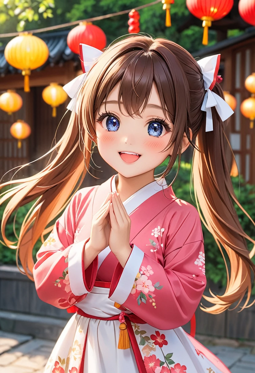 Highest quality、High resolution、Detailed Background、Teenage beauty、Detailed face、cuteカラーの髪色、Bun Hair、Perfect body line、(盆踊り会場でdancing lively少女:1.5)、(Dance with your fingers together, hands together and raised high:1.5)、night、Festivals、A big smile、cute柄の浴衣、dancing lively、Waving your hands back and forth、Waving your hands left and right、Coordinated hand and foot movements、Traditional Japanese summer festivals、盆踊りはnightに行われるため提灯やランタンが灯りを灯し幻想的な雰囲気を醸し出します、cute