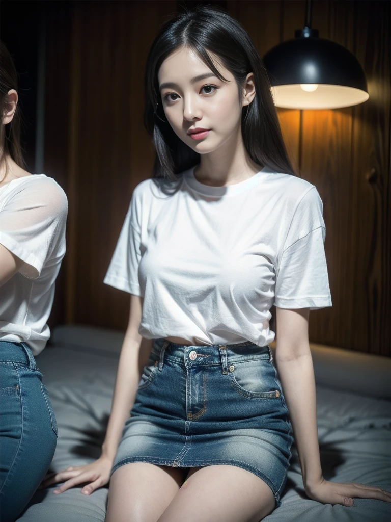 ((Highest quality、masterpiece:1.2、8k、Live Shooting、Portrait、Reality Photos、Beautiful bright dimming、Operating Room Bed))、(((A bewitching beauty、1 Girl、22 years old、Clear facial features)))、Perfect smooth and slim body、((Knitted T-shirt、Denim mini skirt))、Perfect limbs、Looking at the audience、A gentle smile like a puppy、Pull the camera angle、High resolution、Very detailed