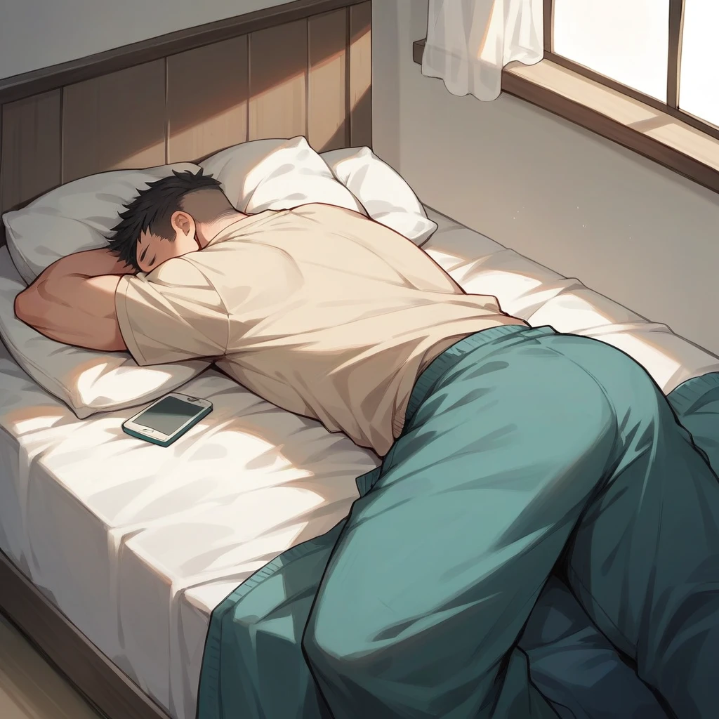 a businessmen sleeping in a bedroom in a fetal form 