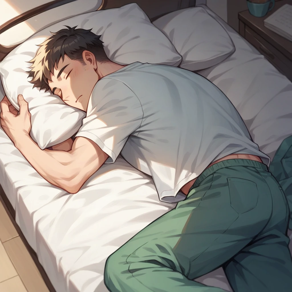 sleepy young school boy with big butt in tight ripped school shorts facing down on a bed while sleeping with full school uniform, short hair, boy, worried look, white underwear, gay boy