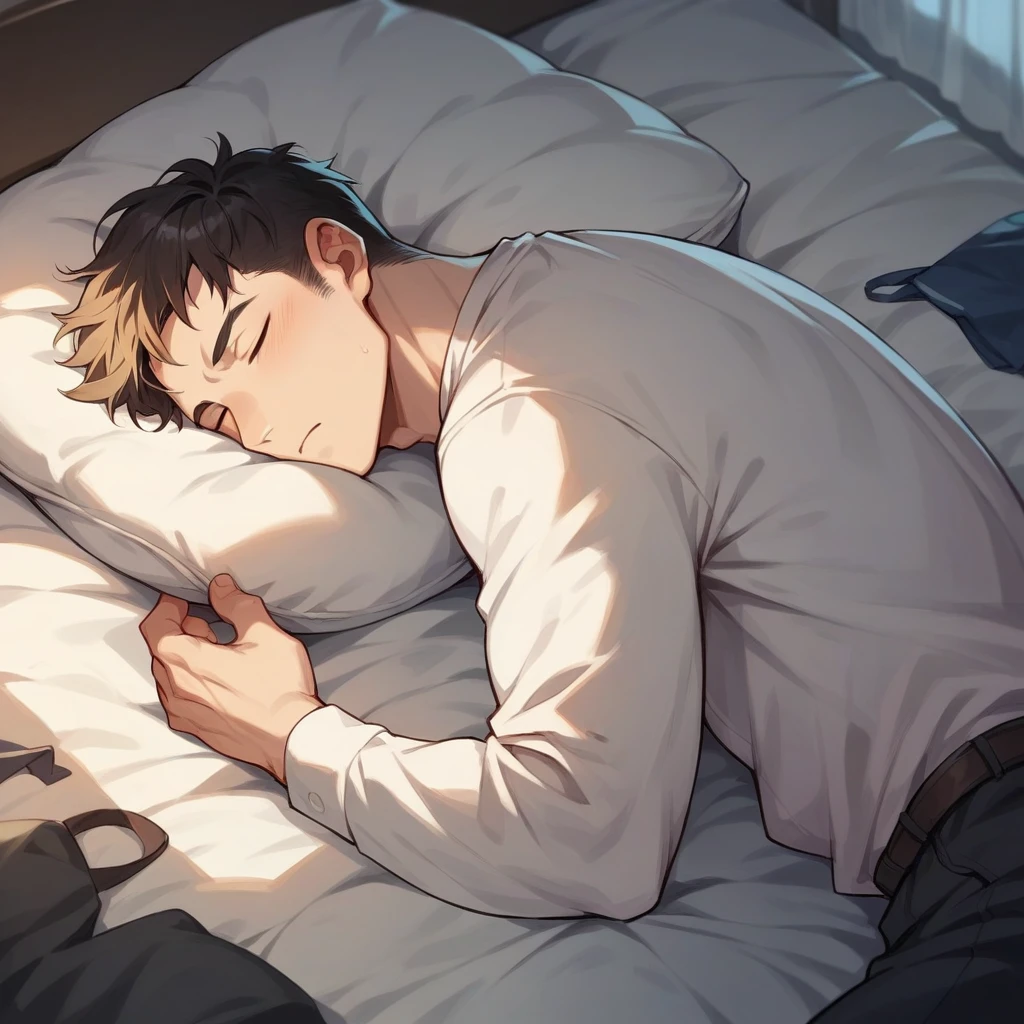 a businessmen sleeping in a bedroom in a fetal form