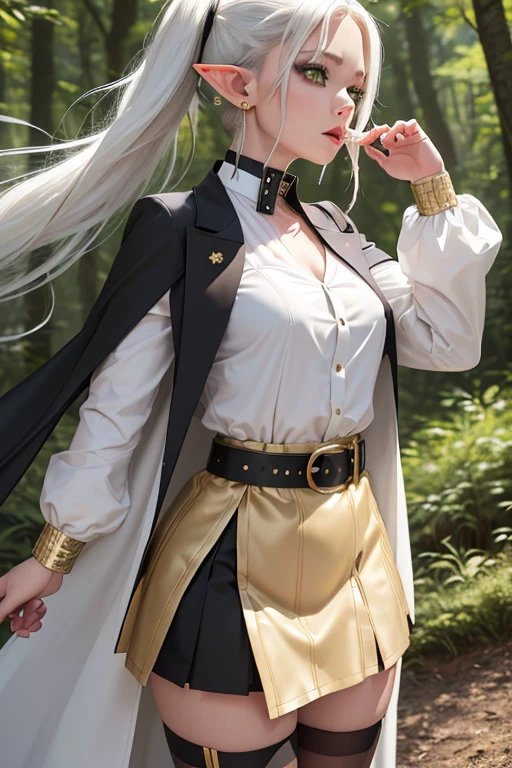 a female elf with green eyes and long white hair tied into two pigtails, wearing a black and white striped shirt, a white jacket with gold embellishments tucked into a matching skirt with a black belt, a short white and gold cape with a high collar, black pantyhose, and brown boots, with a pair of gold and red earrings, in a forest outdoor environment,(best quality,4k,8k,highres,masterpiece:1.2),ultra-detailed,(realistic,photorealistic,photo-realistic:1.37),extremely detailed face,eyes,lips,nose,high quality,anatomically perfect,twintails,earrings,white cape,striped shirt,white skirt,long sleeves,belt,holding employees,Freeze:Beyond the end of the journey