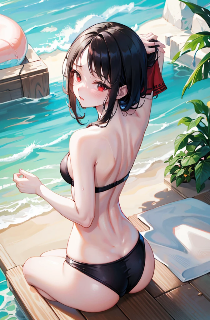 Random pose、Black Hair、Small breasts、ランダムなSwimwear、花柄のSwimwear、Red ribbon、Pale red eyes、classroom、Blushing、Embarrassed expression、Swimwear、masterpiece, best quality, 1 girl, 独奏, large breasts, brown eyes, parted bangs, gray hair, shaggy cut hair, competitive swimsuit, pool, (wet:1.1), water drops, ass povpinch, hand on pussy, cleft of venus, pussy, looking at viewer, spread legs, ass pov, ass pov hand, arms up, arms behind head, from above