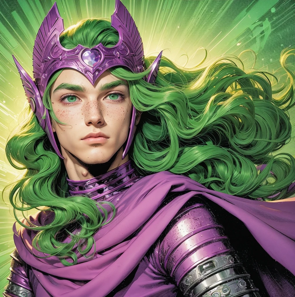American classic comic book art: wizard young man ethereal young man delicate, long bright green hair with beautiful waves, magenta elf helmet on forehead, purple bright magenta wizard outfit Shun, purple magenta shoulder pads, very young face man, few freckles, light pink tight leggings, polished magenta-purple bracelets, magic lime green and magenta fire rays, bright purple blanket, ethereal man enchanted, classic comics.