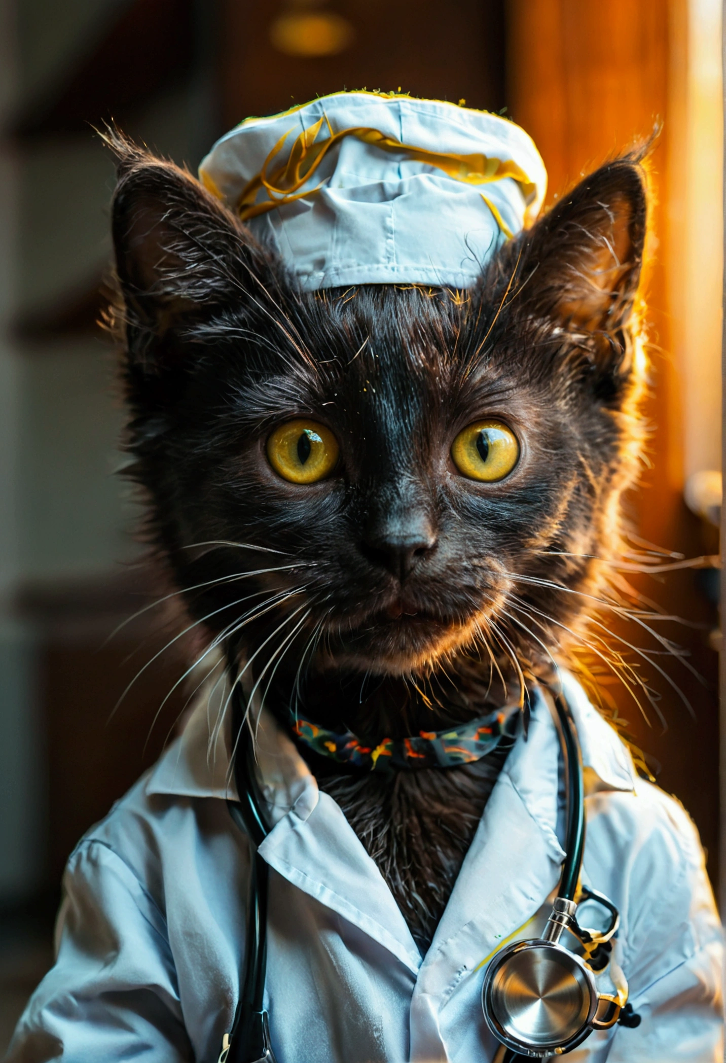 portraite, cute black kitten wearing nutritionist uniform with a stethoscope, high light, happy.
yellow eyes.