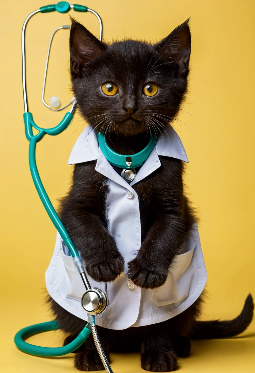 portraite, cute black kitten wearing nutritionist uniform with a stethoscope, high light, happy.
yellow eyes.