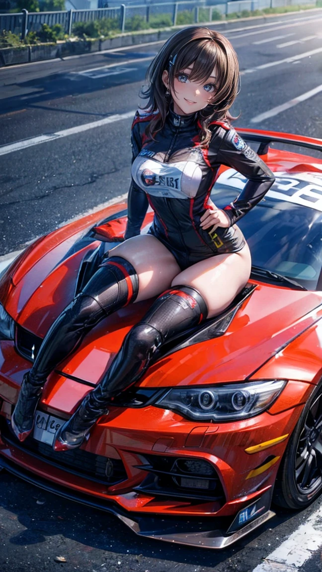 One Woman Race Queen Posing for the camera in front of a sports car High leg Low - Angle Cute smile