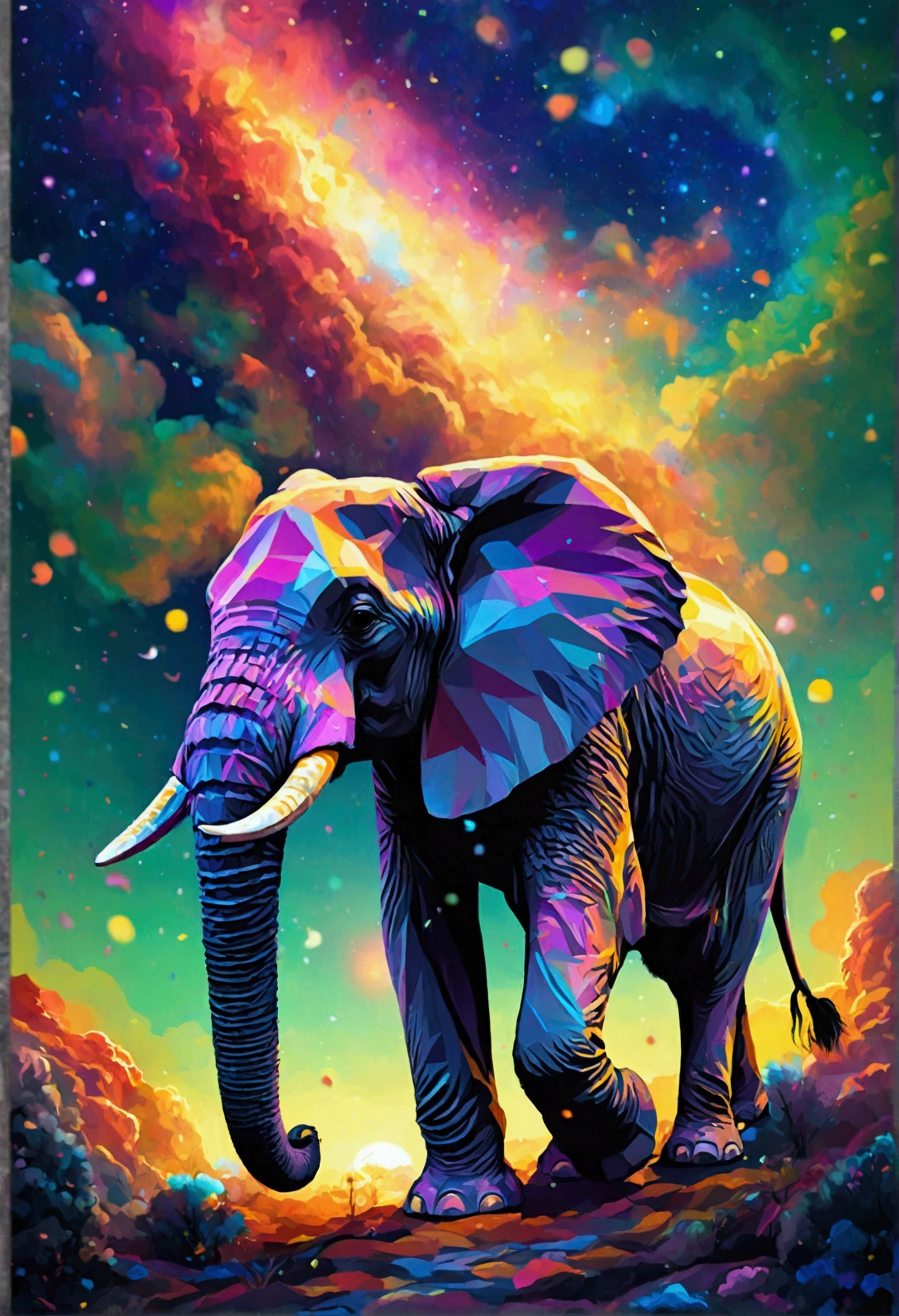 Majestic elephant in a nebula , splash art, Adobe Illustrator, vector, 3d illustration, arte abstrata, Print illustrations, darkness background, Color Vibrant, very colorful, modern colorful gradient, centred, from front view, hyper detailled, Photorealistic rendering, 8k hd, focused, super verbose, Intricately Detailed splash art Triadic Color Trend Artstation Unreal Engine 5 Volumetric Lighting, Gothic , high resolution, big plane, ambient light, Nikon 15mmf/1.8G, by GIlSam-paio octane rendering representing innovation and truth, 8K, charme, intricate detailed environment, lace, Taches , flowery, engine unreal, Fantastic, SUNSET, Milky Way, stary night