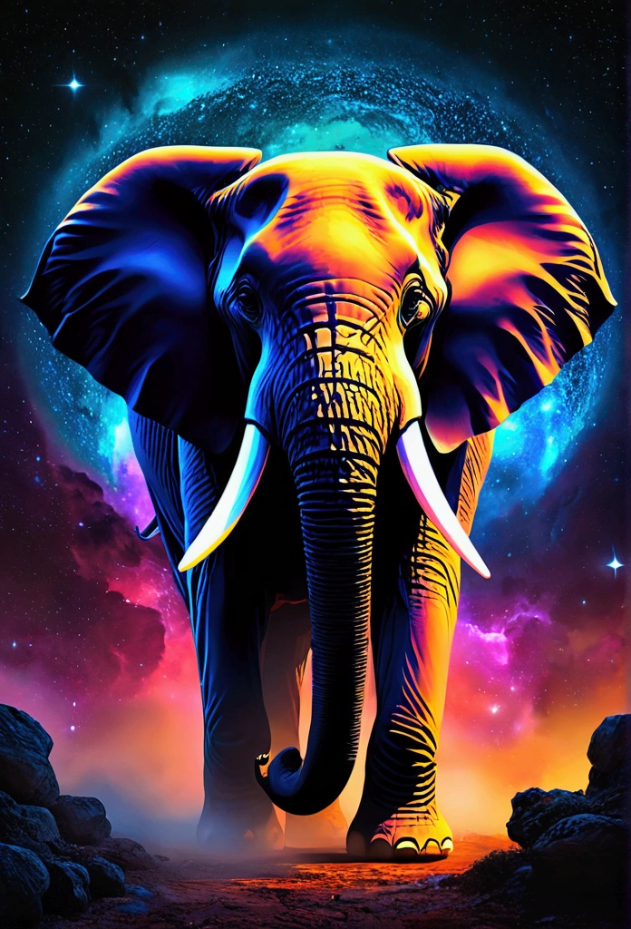 Majestic elephant in a nebula , splash art, Adobe Illustrator, vector, 3d illustration, arte abstrata, Print illustrations, darkness background, Color Vibrant, very colorful, modern colorful gradient, centred, from front view, hyper detailled, Photorealistic rendering, 8k hd, focused, super verbose, Intricately Detailed splash art Triadic Color Trend Artstation Unreal Engine 5 Volumetric Lighting, Gothic , high resolution, big plane, ambient light, Nikon 15mmf/1.8G, by GIlSam-paio octane rendering representing innovation and truth, 8K, charme, intricate detailed environment, lace, Taches , flowery, engine unreal, Fantastic, SUNSET, Milky Way, stary night