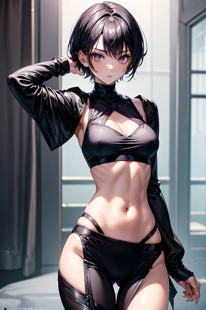 masterpiece, highly detailed, (1 girl), inky black dark violet hair, pixie cut hairstyle, cozy atmosphere, natural lighting, black waist high leggings, crisscross spaghetti strap sports bra, young 16 year old teenager, sharp facial features, high-bridge nose, medium height(176cm), cowboy shot, long slender legs, slender body with ample curves,