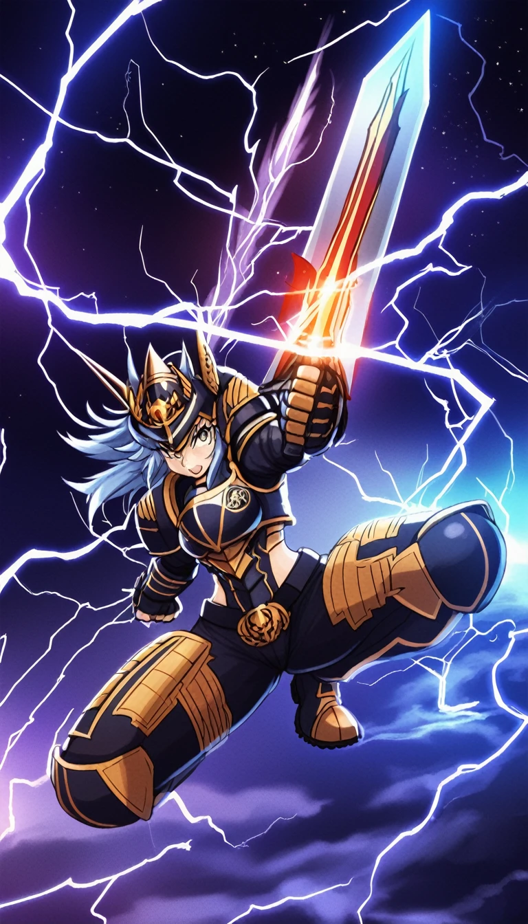 Kemono Fantasy Warfare Anime Setting: A furious Kemono Shark Goddess battle sister, (One Character), wielding a thundering sword, electricity, wearing space marine power black armor, on a chaotic battlefield, cinematic lighting, dramatic shadows, vibrant colors, hyper detailed, intricate textures, powerful expression, dynamic pose