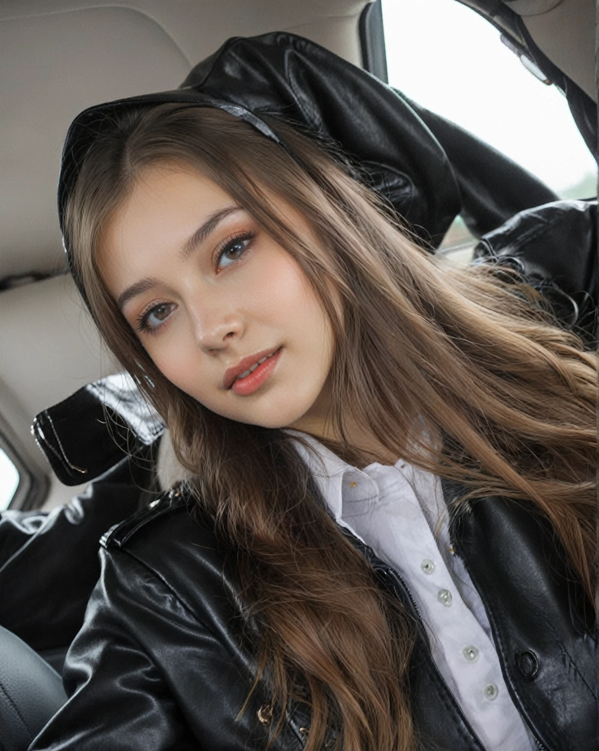 Arafed woman in a car with long hair and a leather jacket., 18 years, 19 year old girl, 16 years old, Anna Nikonova aka Newmilky, attractive girl, russian bride, good young girl, Portrait Sophie Mudd, angelablanca, Dasha Taran, Angelina Stroganova, Anastasia Ovchinnikova