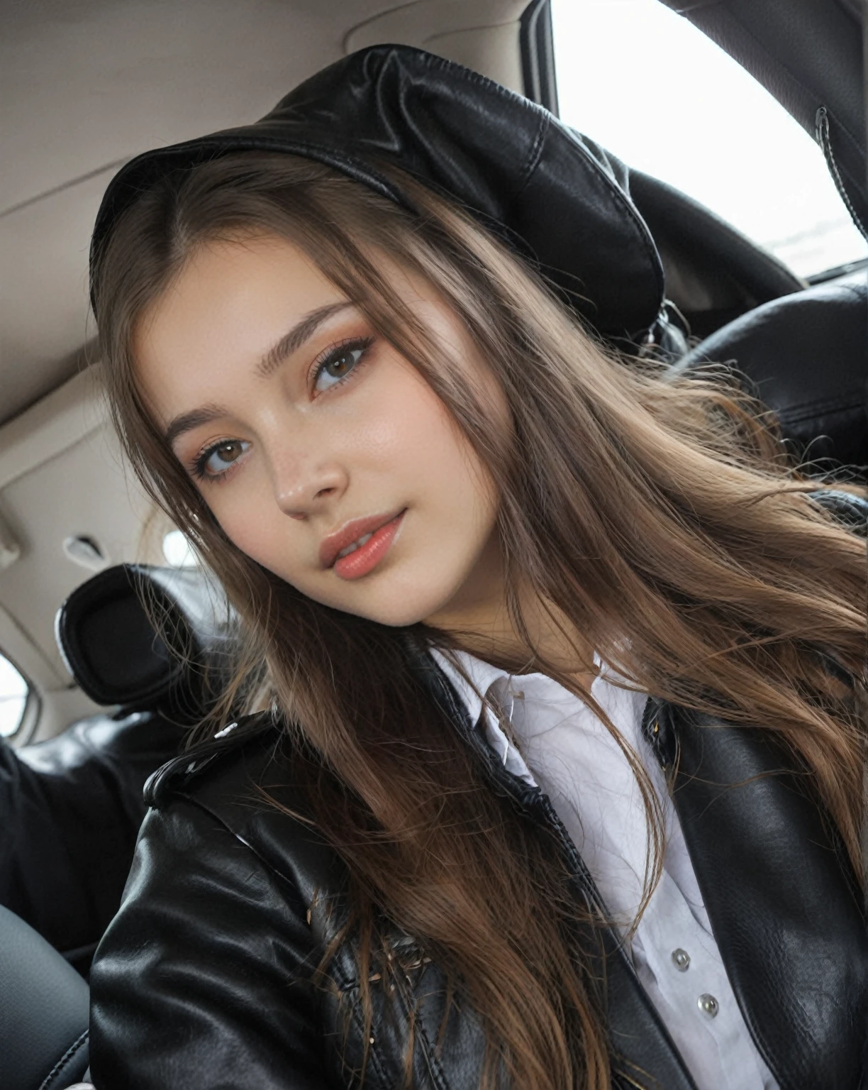 Arafed woman in a car with long hair and a leather jacket., 18 years, 19 year old girl, , Anna Nikonova aka Newmilky, attractive girl, russian bride, good young girl, Portrait Sophie Mudd, angelablanca, Dasha Taran, Angelina Stroganova, Anastasia Ovchinnikova