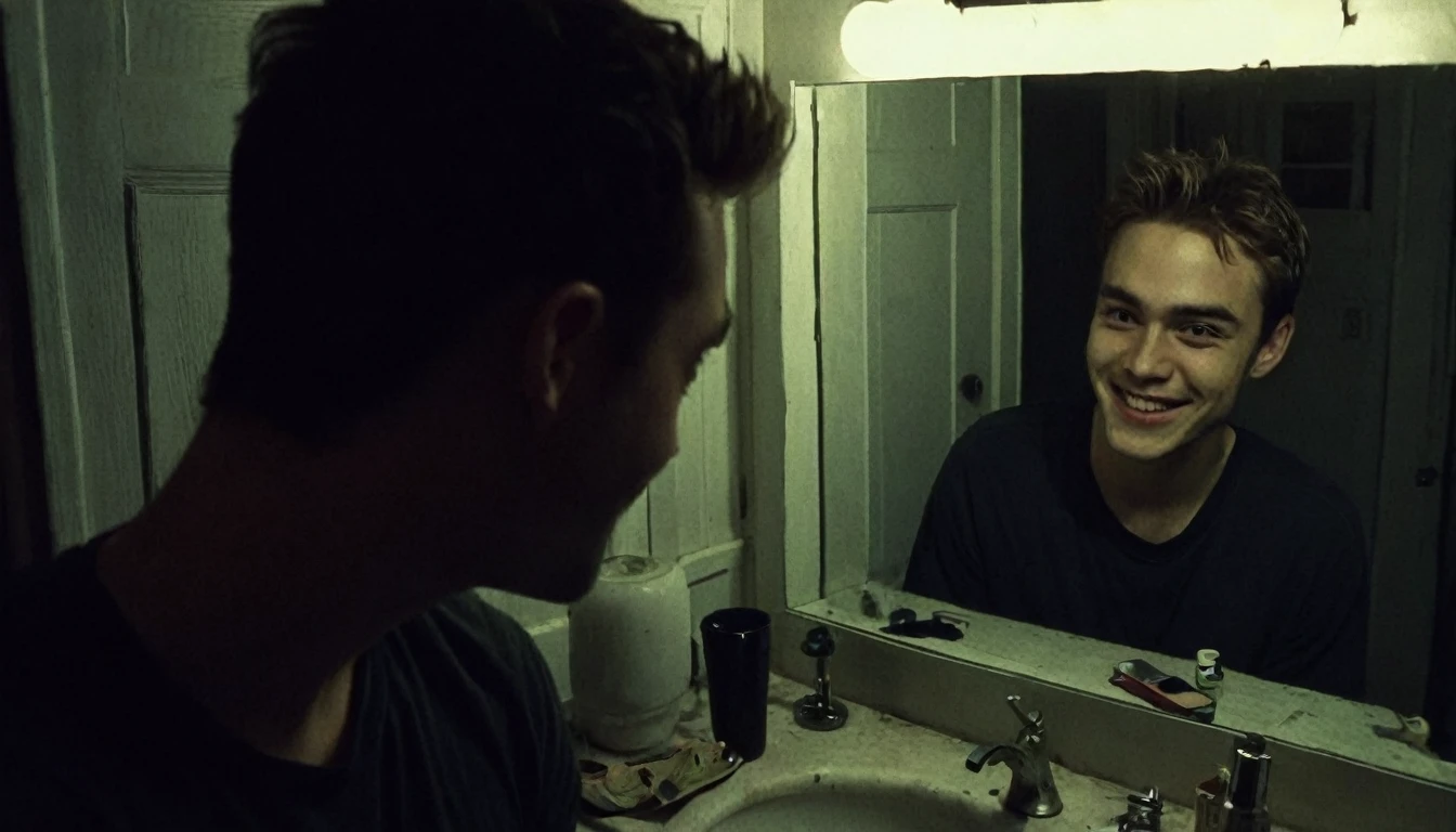 amateur photo,selfie,recording screenshot, a men solo in front of  a mirror, ,side view,((the men is smiling   wacthing the viewer)), ((but his reflection in the mirror is  serious staring the men:1.4)),((only flaslight illumination,darker,night time:1.3)),in the night,blair witch project atmosphere, unnerving  and creepy aura, disturbing  aura,horror core,found footage,grainy,