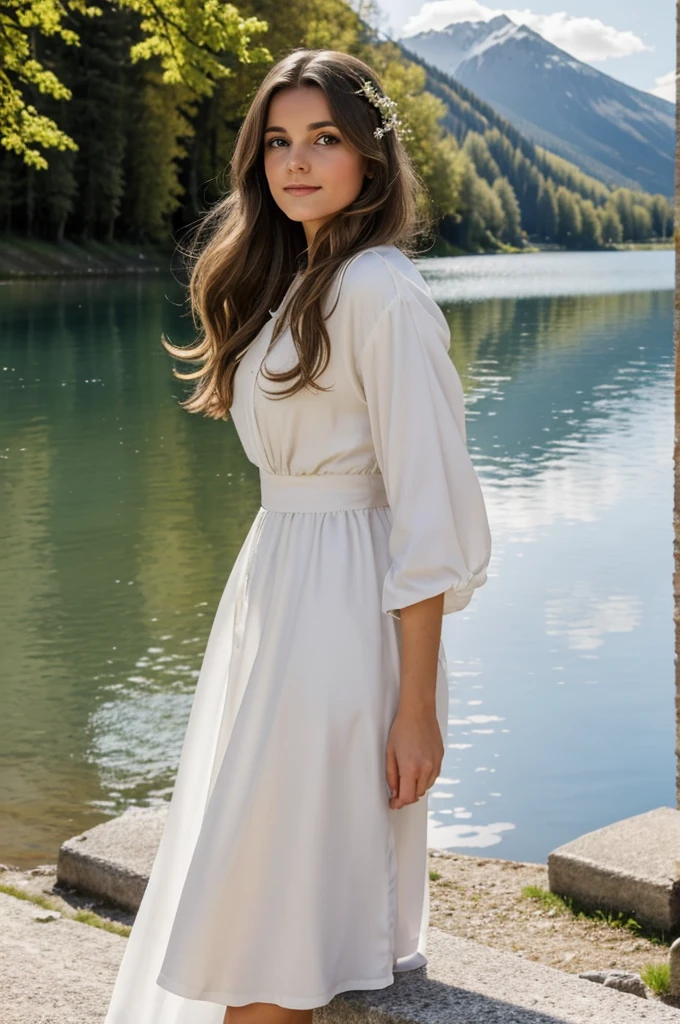 Portrait photoréaliste d'une jeune femme brune aux cheveux ondulés et aux yeux marrons, 29 ans. Elle devrait avoir un naturel, expression accessible et être éclairé par une lumière douce, lumière dorée. la photo est prise au bord du lac d'Annecy, elle porte une belle tenue blanche bien présentable. Elle se tient au bord du lac sur une murrette.