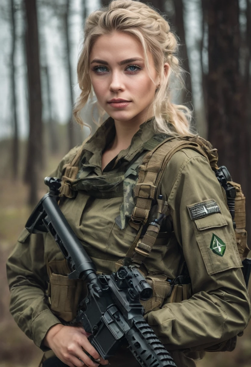 A young woman with blonde hair and green eyes, dressed in military attire, posing for a photo shoot holding a rifle outdoors, uma reminiscência de Call of Duty e Escape from Tarkov's Private Military Company (PMC), on the right arm, there is volumetric lighting, soft glow, Depth of field, highly detailed photograph, low-contrast, pastel colours, como Kodak Portra 400, in 8k resolution, gazing at viewer, perfect hands, war zone background