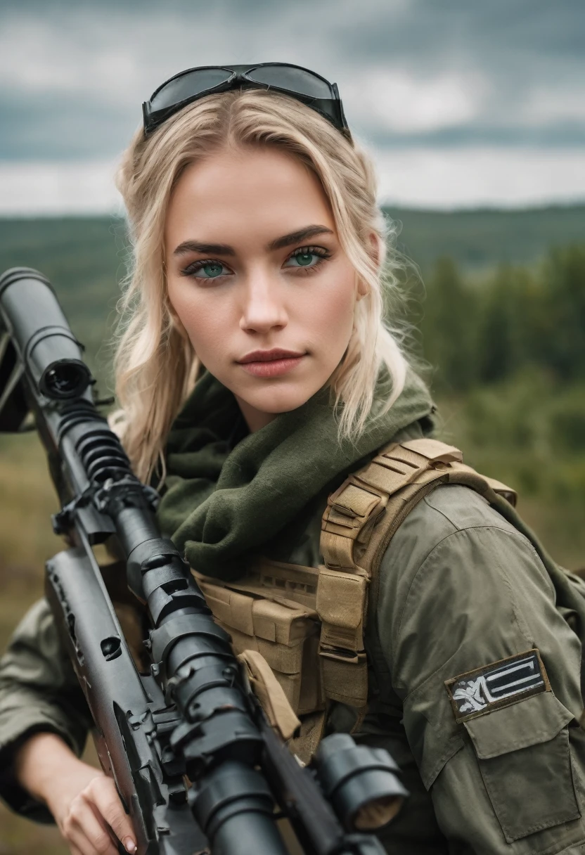 A young woman with blonde hair and green eyes, dressed in military attire, posing for a photo shoot holding a rifle outdoors, uma reminiscência de Call of Duty e Escape from Tarkov's Private Military Company (PMC), on the right arm, there is volumetric lighting, soft glow, Depth of field, highly detailed photograph, low-contrast, pastel colours, como Kodak Portra 400, in 8k resolution, gazing at viewer, perfect hands, war zone background