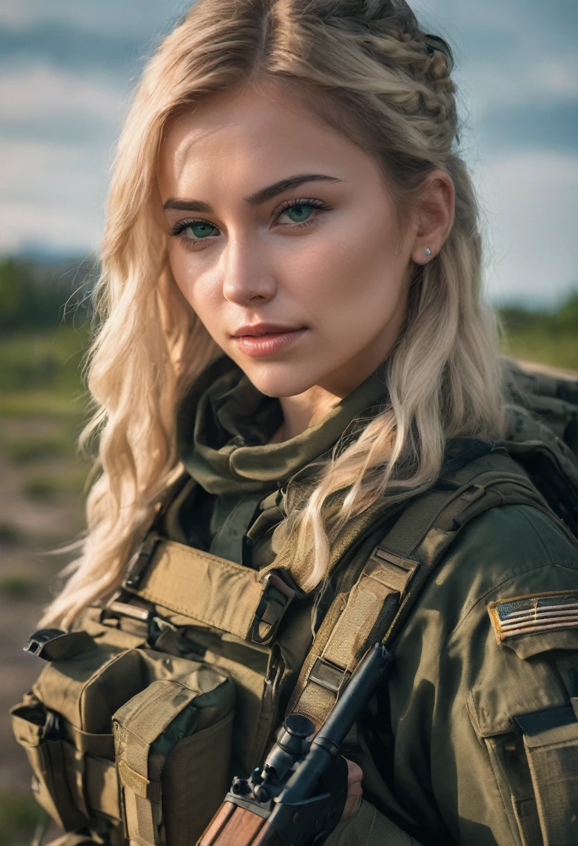 A young woman with blonde  hair and green eyes, dressed in military attire, posing for a photo shoot holding a rifle outdoors, uma reminiscência de Call of Duty e Escape from Tarkov&#39;s Private Military Company (PMC),  on the right arm, there is volumetric lighting, soft glow, Depth of field, highly detailed photograph, low-contrast, pastel colours, como Kodak Portra 400, in 8k resolution, gazing at viewer, perfect hands, war zone background