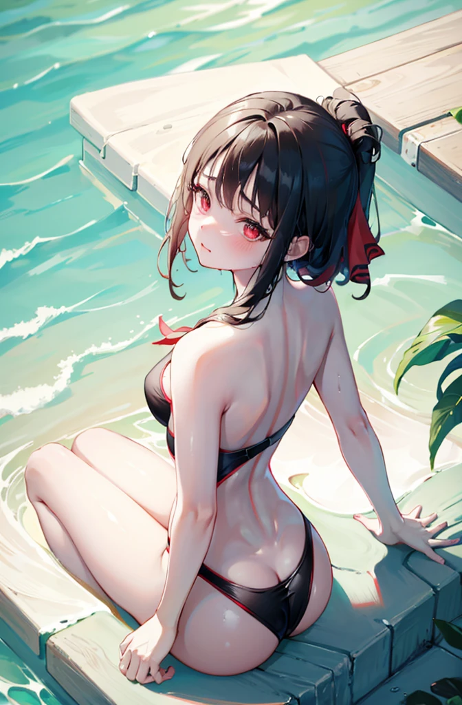 Random pose、Black Hair、Small breasts、ランダムなSwimwear、花柄のSwimwear、Red ribbon、Pale red eyes、classroom、Blushing、Embarrassed expression、Swimwear、masterpiece, best quality, 1 girl, 独奏, large breasts, brown eyes, parted bangs, gray hair, shaggy cut hair, competitive swimsuit, pool, (wet:1.1), water drops, ass povpinch, hand on pussy, cleft of venus, pussy, looking at viewer, spread legs, ass pov, ass pov hand, arms up, arms behind head, from above