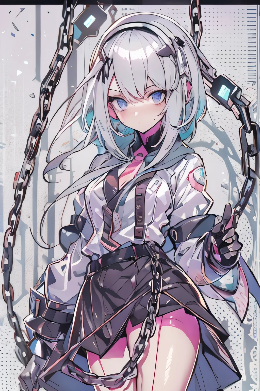 Android Girl,white hair, short and messy hair, purple neon eyes, Holding a chain whip,chains on the hands, chains around her arm, very cute, skirt, white blouse, blanck background 