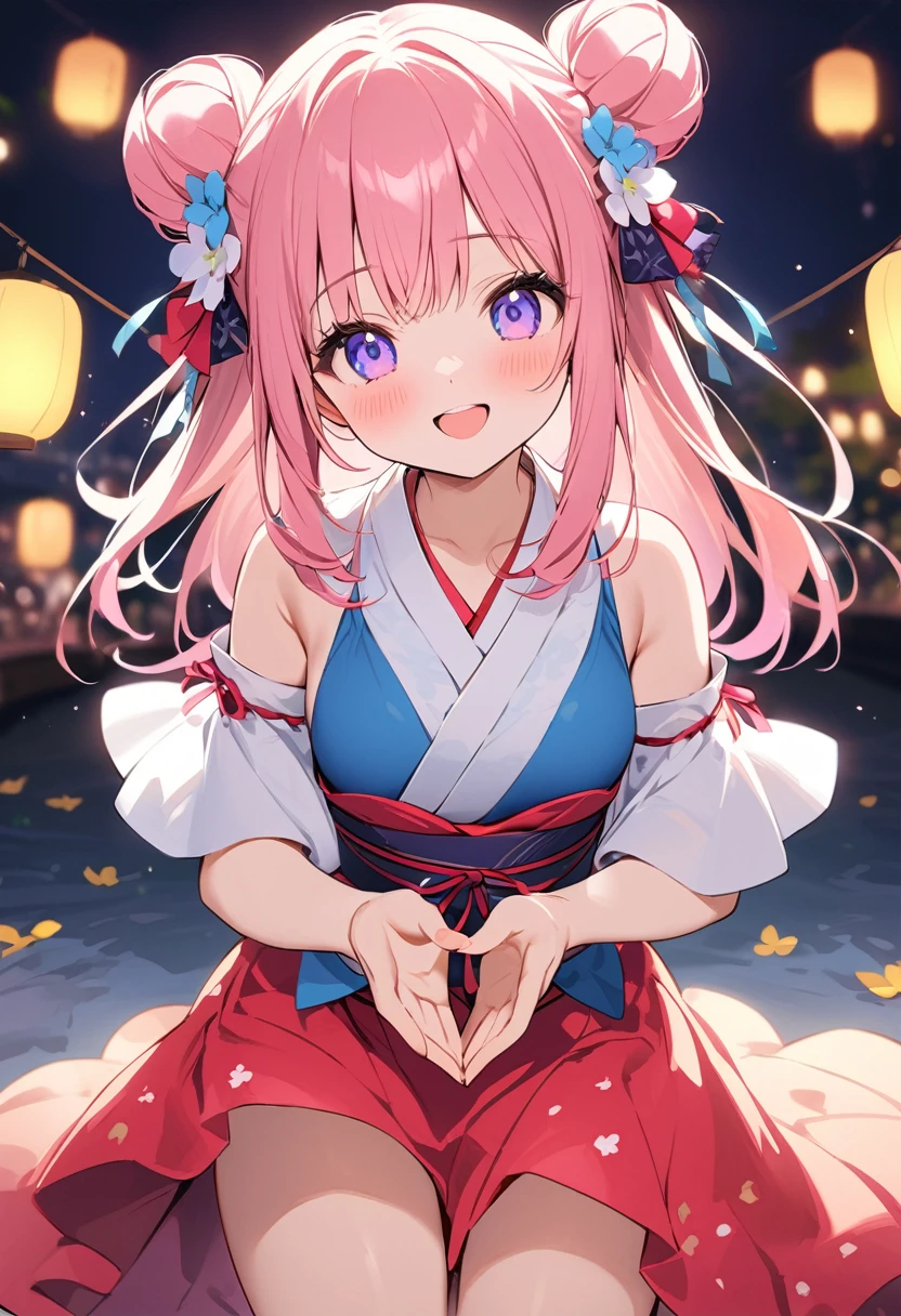 Highest quality、High resolution、Detailed Background、 beauty、Detailed face、cuteカラーの髪色、Bun Hair、Perfect body line、(盆踊り会場でdancing lively少女:1.5)、(Dance with your fingers together, hands together and raised high:1.5)、night、Festivals、A big smile、cute柄の浴衣、dancing lively、Waving your hands back and forth、Waving your hands left and right、Coordinated hand and foot movements、Traditional Japanese summer festivals、盆踊りはnightに行われるため提灯やランタンが灯りを灯し幻想的な雰囲気を醸し出します、cute