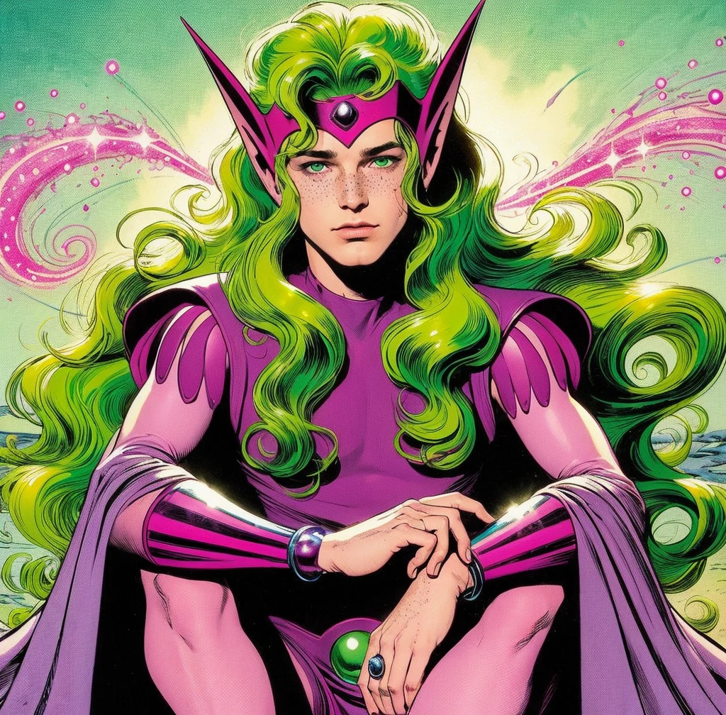 American classic comic book art: wizard young man ethereal young man delicate, long bright green hair with beautiful waves, magenta elf helmet on forehead, purple bright magenta wizard outfit Shun, purple magenta shoulder pads, very young face man, few freckles, light pink tight leggings, polished magenta-purple bracelets, magic lime green and magenta fire rays, bright purple blanket, ethereal man enchanted, classic comics.