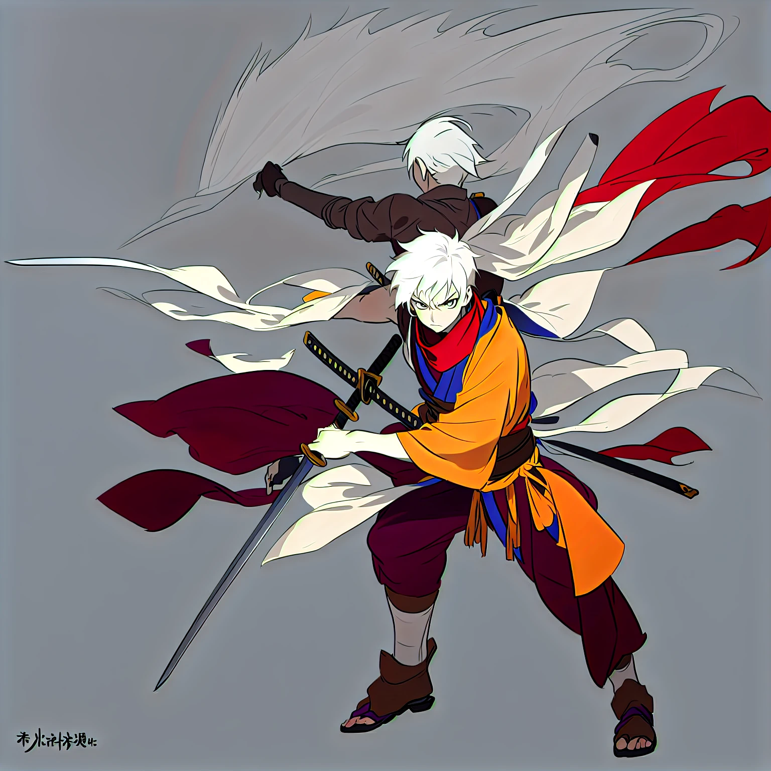 anime character with sword and scarf in a fighting pose, angry character wielding a sword, dramatic wielding sword pose, with large sword, anime style character, anime in fantasy style, clean lineart and color, concept art of a monk, warrior character design, carrying scabbard on his back, picture of an adult Japanese male warrior, white hair