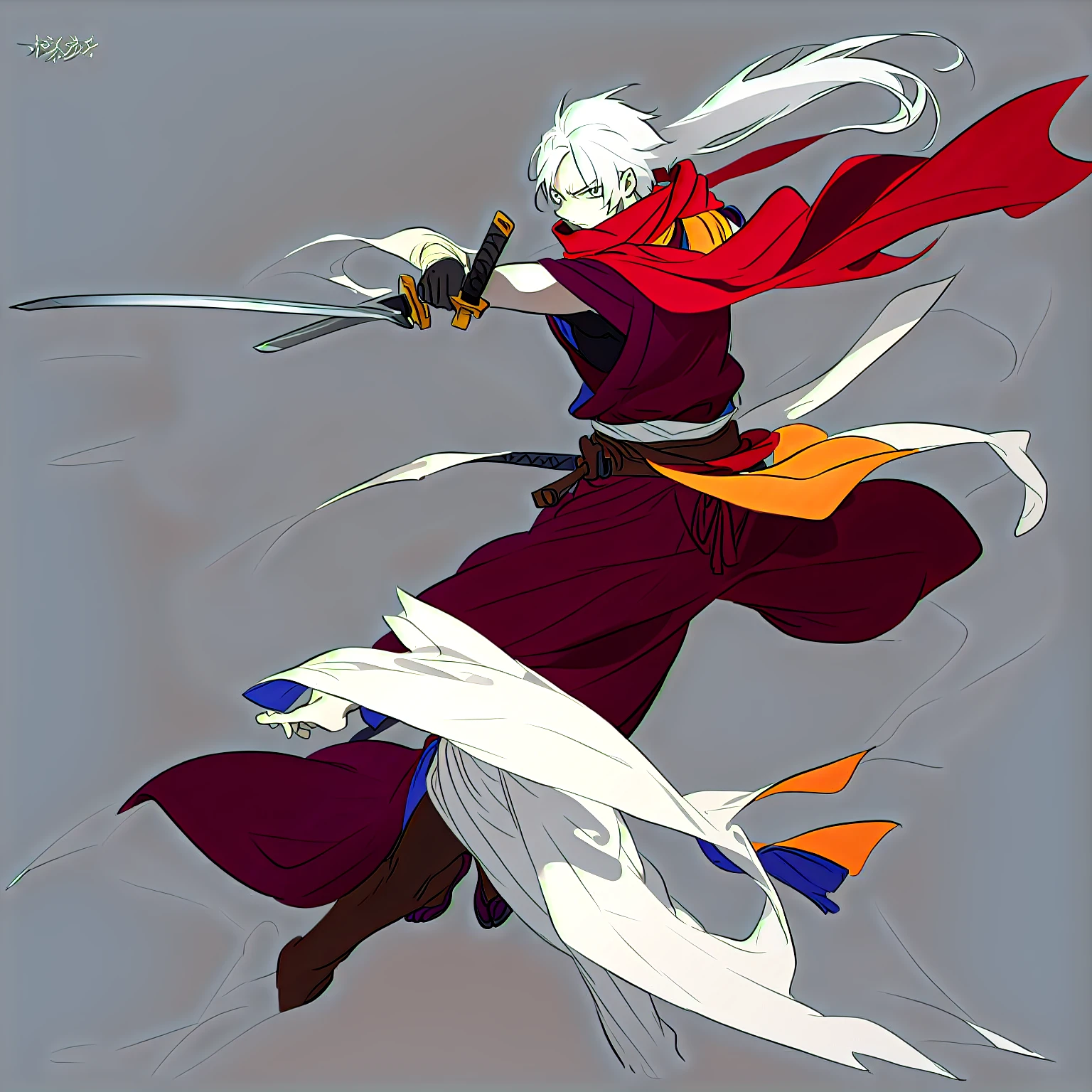 anime character with sword and scarf in a fighting pose, angry character wielding a sword, dramatic wielding sword pose, with large sword, anime style character, anime in fantasy style, clean lineart and color, concept art of a monk, warrior character design, carrying scabbard on his back, picture of an adult Japanese male warrior, white hair