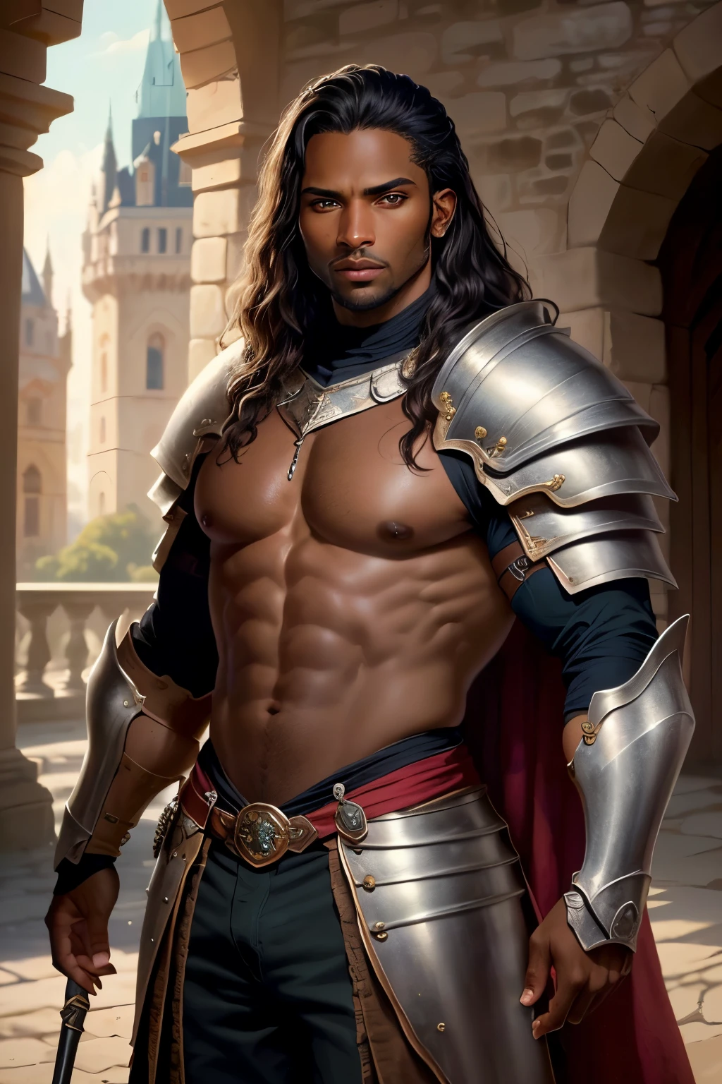 ((best quality)), ((masterpiece)), (detailed), Prize-winning works, with incredible details, maximum textures and details, uhd ,8K,super resolution ,depth of field, retina, masterpiece, textured skin, super detail, high details, highres , Dark skin man ,adventurous, heavy armor,(((he has dark skin))) ,He wears medieval armor like Aragorn ,adventurous de Dungeon parecido com a obra de JRR Tolkien,longCap ,fully body, hyper-detailed piercing eyes , (35 year old man :1.1,detailedeyes, face detailed, whole body:1.1,the background is a magnificent castle similar to Bodiam Castle ),(best qualityer:1.2,ultra detali:1.1,realisitic:1.37) ,eyeshadows,sharp focus,swirly vibrant colors,)