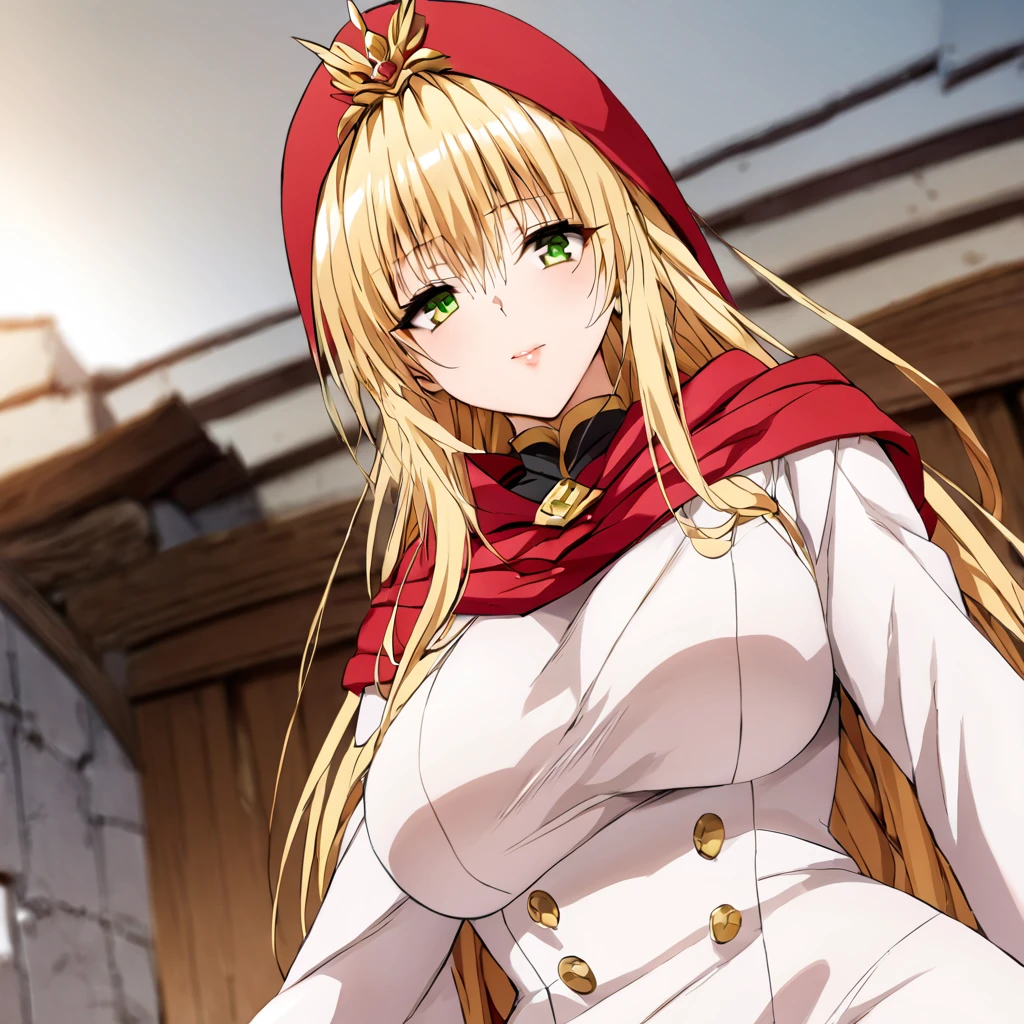 ((Highest quality)), ((masterpiece)), (detailed), （Perfect Face）、The woman is a thief with green eyes, medium-long blonde hair and a white robe.、In the castle as Princess of Moonbrooke wearing a red hooded cloak with the crest of Loto