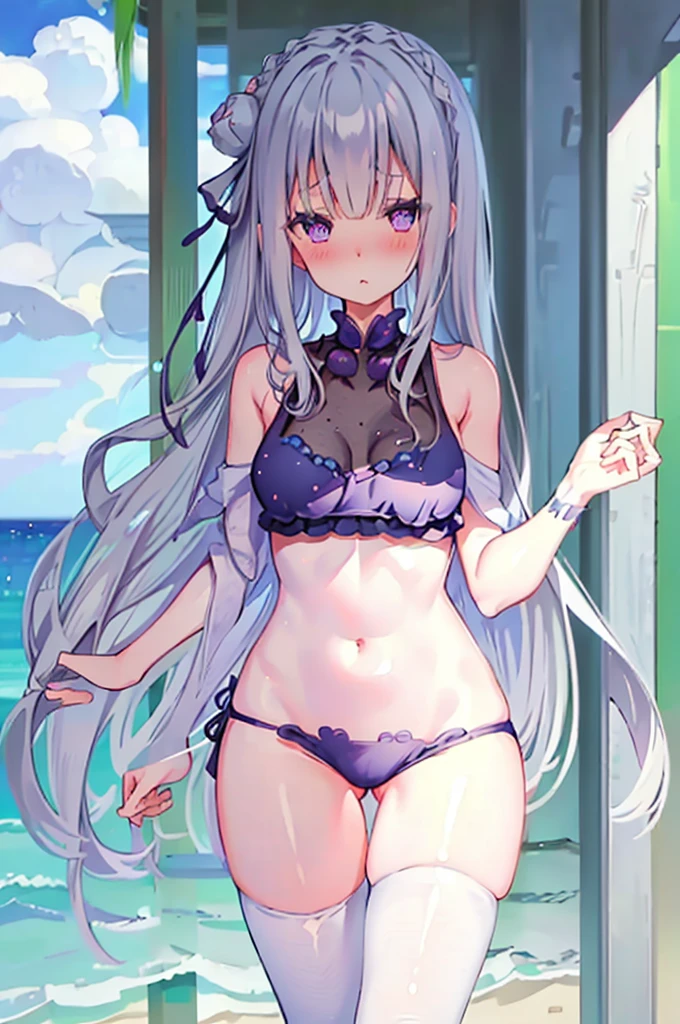 Random swimsuit appearance、y swimsuit、NFSW、Random pose、Polka dot bikini、Polka dot bikini、Light silver hair、Semi-long hair、Random pose、Ocean、Sandy Beach、Blushing、Embarrassed expression、、Pale purple eyes、、Blushing、lipstick、Perfect hands、Detailed hands、Wet、