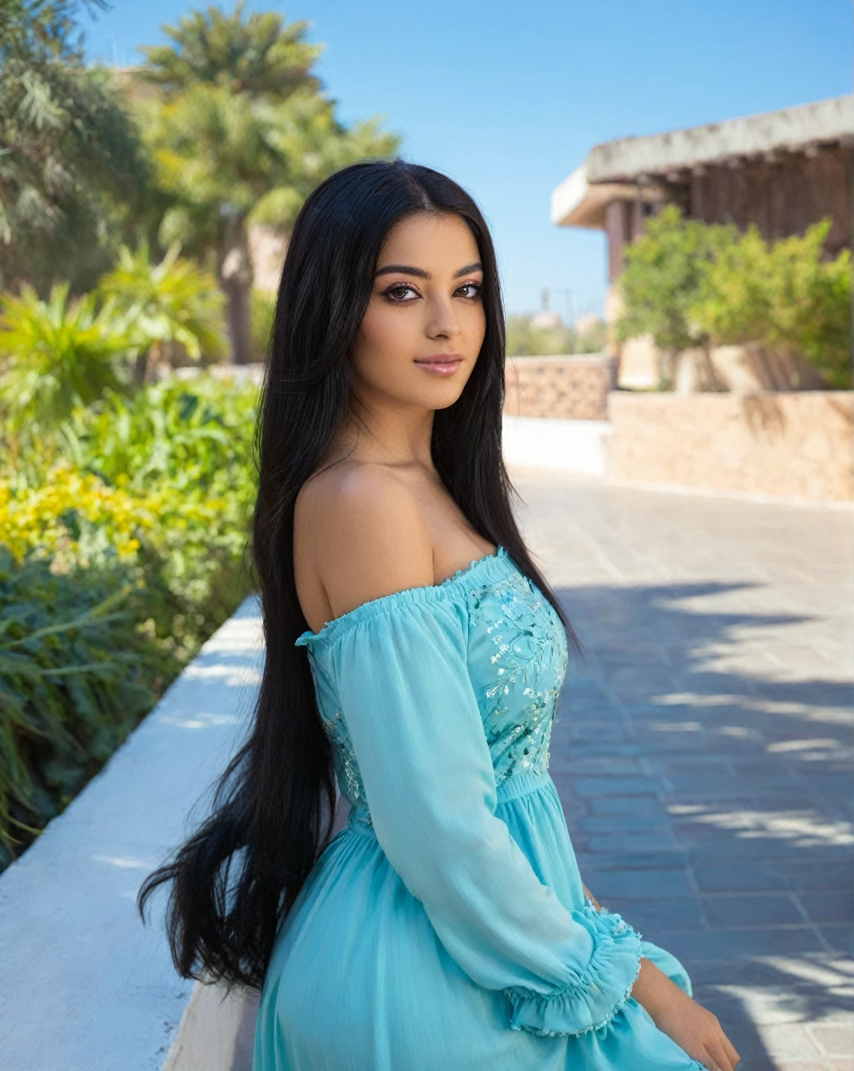 A woman in a blue dress posing for a photo, Beautiful Mexican woman, portrait of Medium pink, Medium pink, portrait Medium pink, Violet Myers, clear portrait of Medium pink, young woman with long dark hair, female with long black hair, Taweel-tanned Ameera, beautiful iranian woman, with long black hair, beautiful pretty young, Alanis Guillén