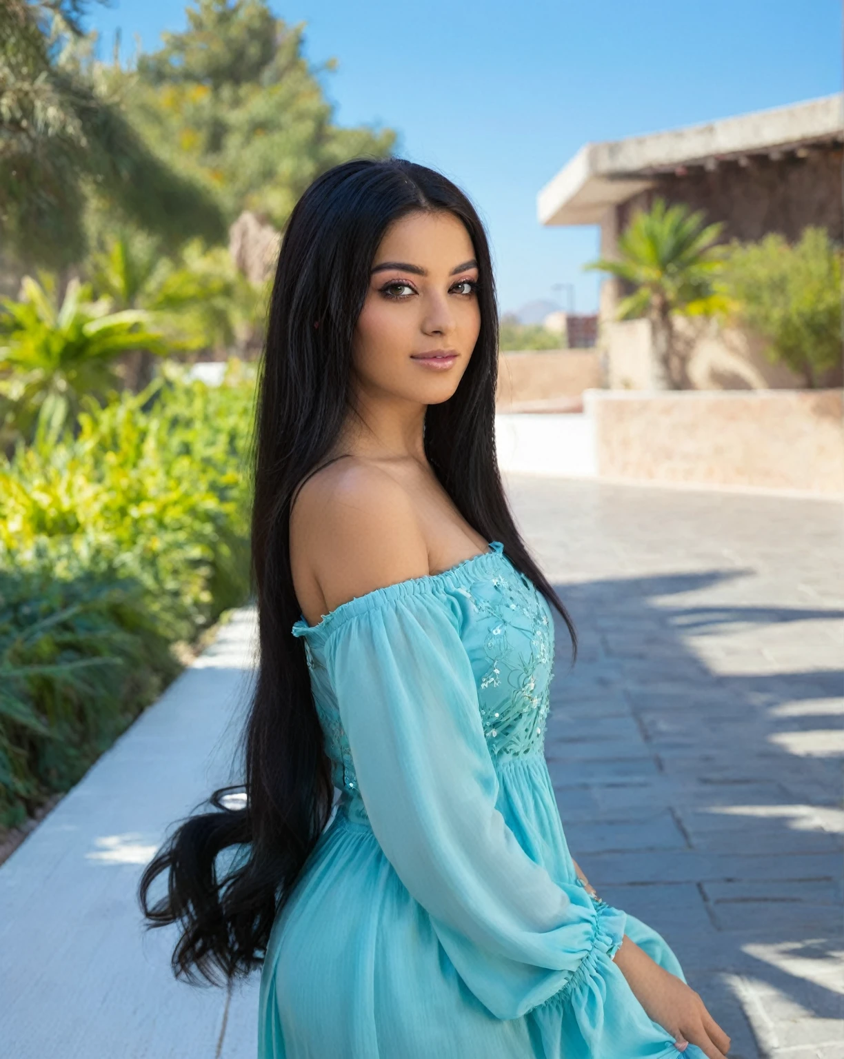 A woman in a blue dress posing for a photo, Beautiful Mexican woman, portrait of Medium pink, Medium pink, portrait Medium pink, Violet Myers, clear portrait of Medium pink, young woman with long dark hair, female with long black hair, Taweel-tanned Ameera, beautiful iranian woman, with long black hair, beautiful pretty young, Alanis Guillén