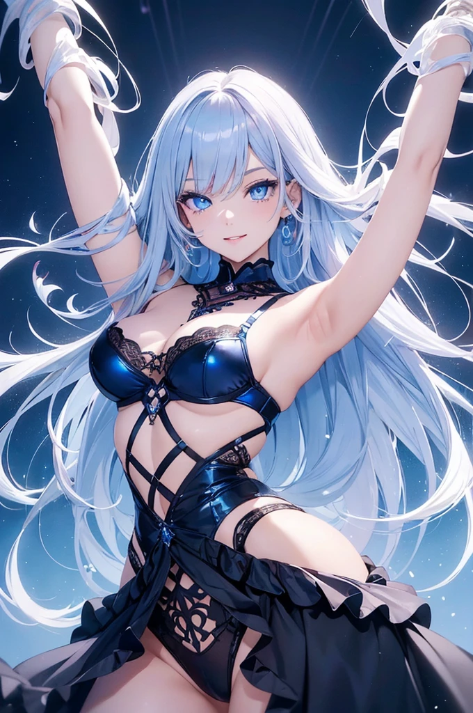 One girl (masterpiece, round_iris, very crisp crystalline shiny blue eye, perfection_anatomy, very_Enchanting_Hypnotic_Mysterious_eye, ) perfection face, Long platinum hair, Malicious smile, Big Breasts, Sexy Lingerie, Show your armpits, Gamer Girl, Dynamic pose, Vibrant colors, Highest quality, 4K