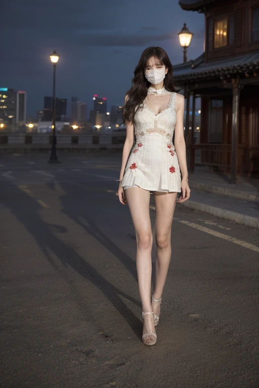 ((original photography:1.2)),Photographed by mobile phone,RAW photos,Night view of Beijing,violent storm,1 Girl, Perfect body,Full body portrait,Fashion的头发, Very long hair, delicate eyes, Side Light, Sweating,With a mask, huge collar,Medium breasts,Fashion的蘇格蘭裙,(intricate dress、embroidery、stripe、pattern、Fashion、Hollow),Long slender legs