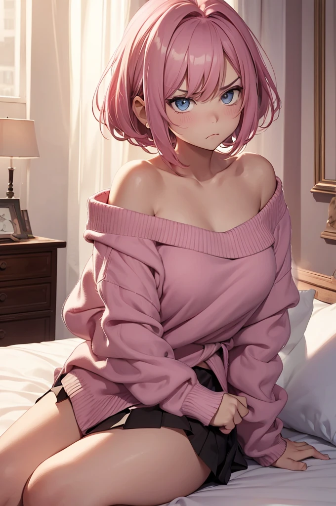 19 year old ager, short pink shoulder length hair, eyes with pink, dumbfounded expression, pouting mouth, wearing a soft pastel-colored loose-fitting sweater with exposed shoulders, skirt short, sitting on a king size bed, royal bedroom, slightly red cheeks, arms at the side of the body, wrists raised and hands clenched into fists, sullen face, looking at side, angry expression