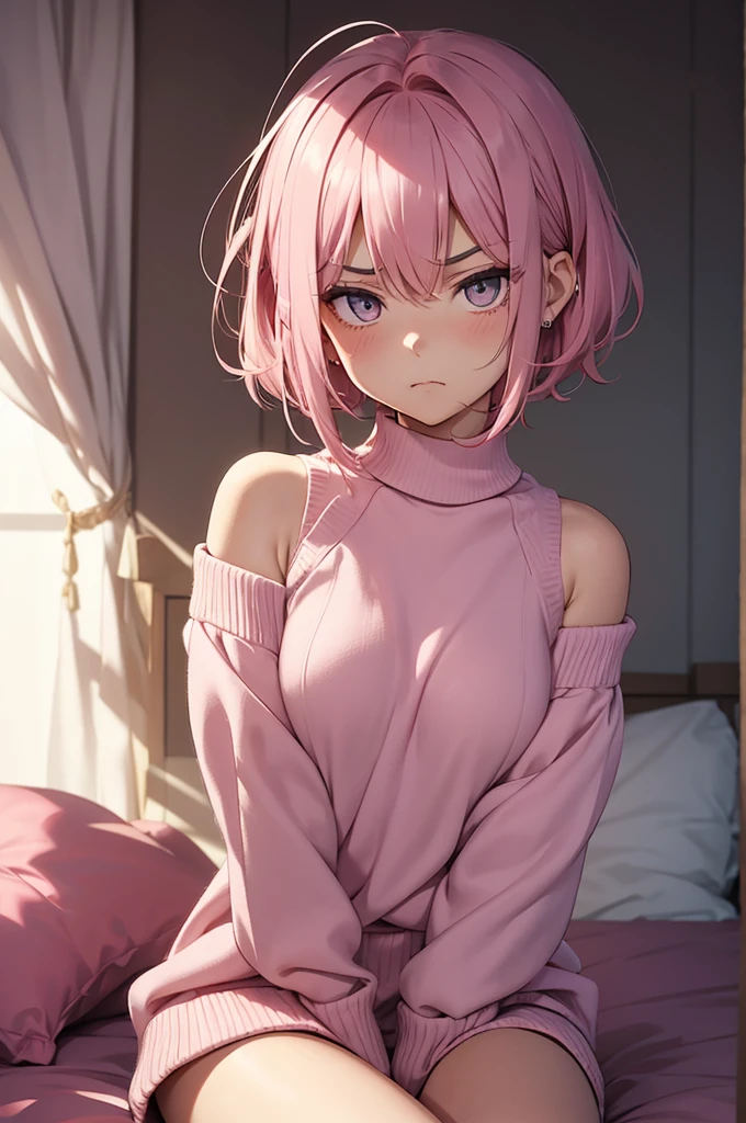 19 year old ager, short pink shoulder length hair, eyes with pink, dumbfounded expression, pouting mouth, wearing a soft pastel-colored loose-fitting sweater with exposed shoulders, skirt short, sitting on a king size bed, royal bedroom, slightly red cheeks, arms at the side of the body, wrists raised and hands clenched into fists, sullen face, looking at side, angry expression
