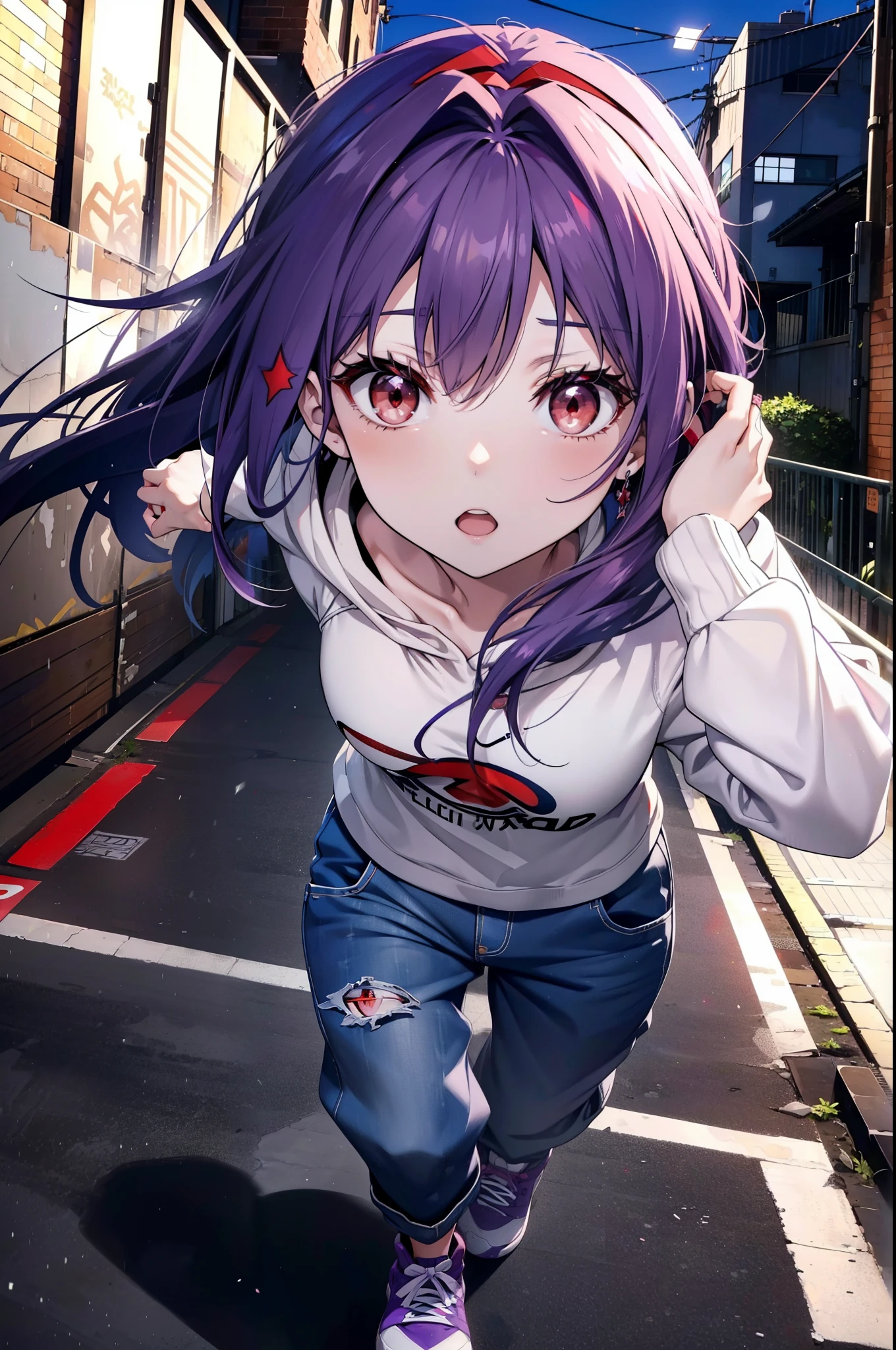 yuukikonno, Konno Yuuki,  Long Hair, Pointed Ears, Purple Hair, (Red eyes:1.5), (Small breasts:1.2), Open your mouth,Baseball hats,Oversized purple hoodie,jeans,Thick hem,sneakers,Walking,Graffiti wall,Daytime,Clear skies,Both hands are in the pockets of the hoodie、whole bodyがイラストに入るように,
break looking at viewer, whole body,
break outdoors, Alley,
break (masterpiece:1.2), Highest quality, High resolution, unity 8k wallpaper, (figure:0.8), (Beautiful attention to detail:1.6), Highly detailed face, Perfect lighting, Highly detailed CG, (Perfect hands, Perfect ???????),