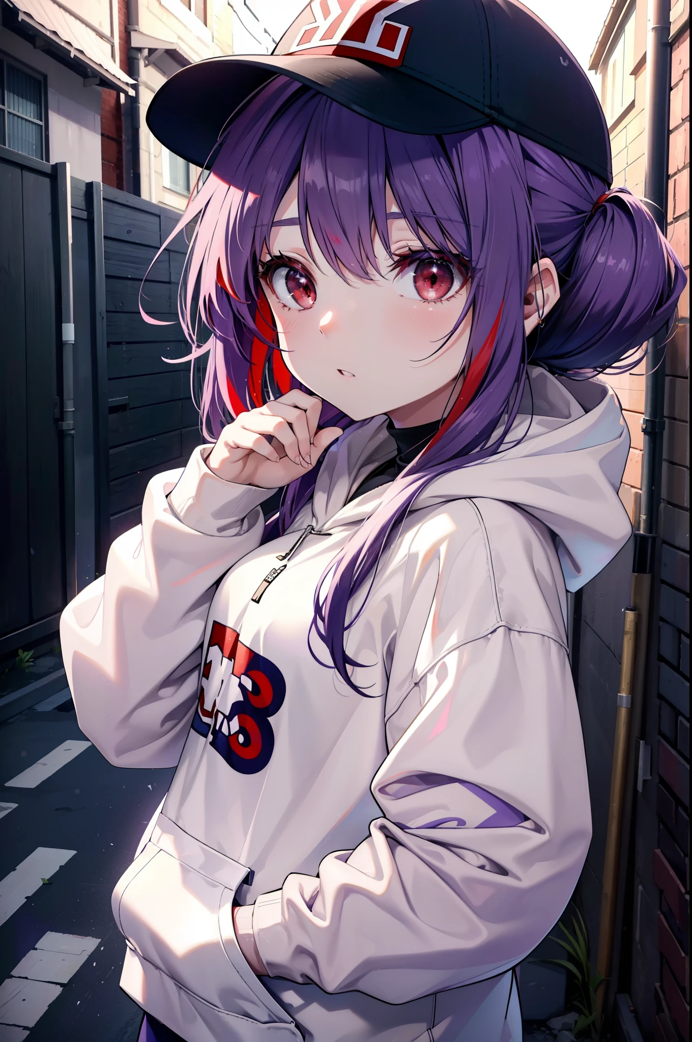 yuukikonno, Konno Yuuki, Long Hair, Pointed Ears, Purple Hair, (Red eyes:1.5), (Small breasts:1.2), Open your mouth,Baseball hats,Oversized purple hoodie,jeans,Thick hem,sneakers,Walking,Graffiti wall,Daytime,Clear skies,Both hands are in the pockets of the hoodie、whole bodyがイラストに入るように,
break looking at viewer, whole body,
break outdoors, Alley,
break (masterpiece:1.2), Highest quality, High resolution, unity 8k wallpaper, (figure:0.8), (Beautiful attention to detail:1.6), Highly detailed face, Perfect lighting, Highly detailed CG, (Perfect hands, Perfect Anatomy),