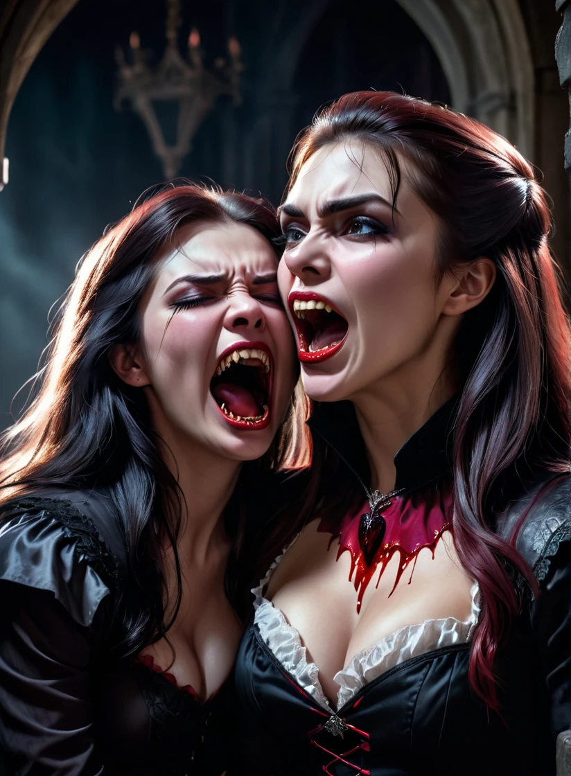 a happy vampire man biting woman neck with large canines, crouching next to an attractive human age woman biting her neck, woman is crying, blood everywhere, large canine, vampire fangs, photorealistic, dark fantasy, dramatic lighting, cinematic, highly detailed, realistic skin and textures, chiaroscuro, moody atmosphere, dramatic contrast, rich color palette, gothic horror. Man is happy woman is terrified